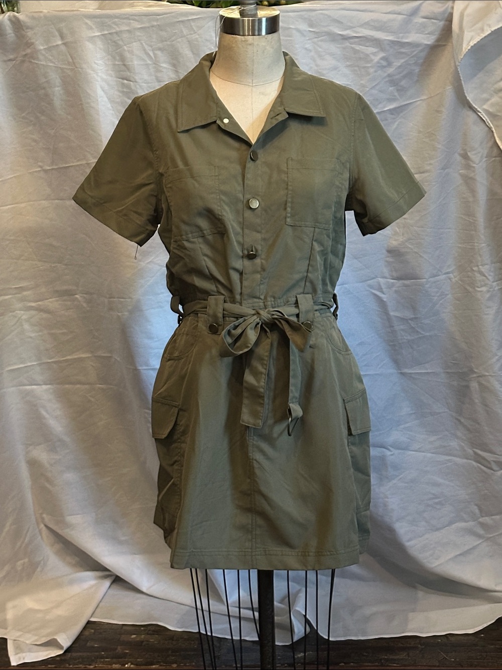 Source Unknown Olive Green Utility Shirt Dress with Tie Waist
